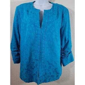 TanJay Blue Embossed Floral Print Open Front Blazer 16 Lined Ruched Sleeves Soft